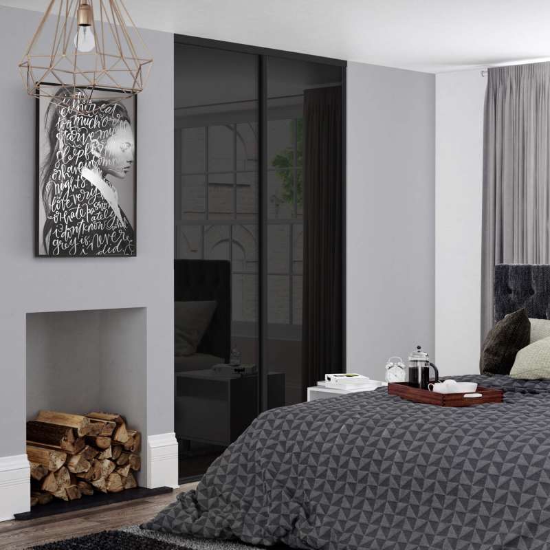 Classic Black Frame Black Glass Sliding Wardrobe Door Kit – 2260mm Height x 1500mm Width (2 x 762mm Doors)