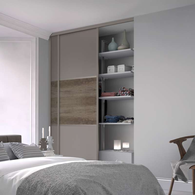 Classic Pebble Grey Frame 3 Panel Sliding Wardrobe Door Kit – 2260mm Height x 1185mm Width (Pebble Grey / Nebraska Oak / Pebble Grey, 2 x 610mm Doors)